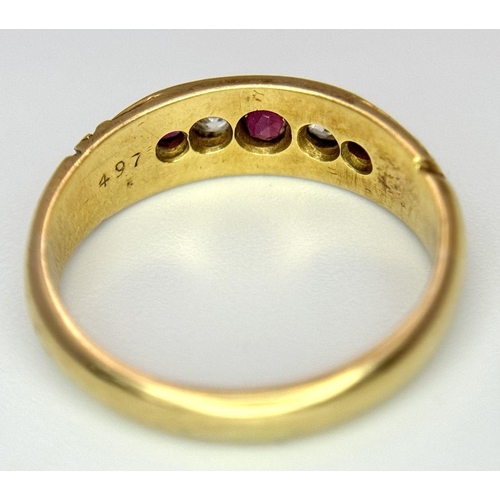 49 - Antique 18 carat GOLD, DIAMOND and RUBY RING. 3.8 grams. Size J 1/2 - K.