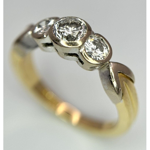 11 - AN 18K YELLOW GOLD OLD CUT DIAMOND 3 STONE RING - 0.75CT. 5.2G. SIZE M. A/S 1148