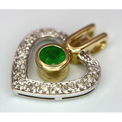 271 - A 14K YELLOW GOLD, DIAMOND & EMERALD HEART SHAPED PENDANT. 3.2G. SC 2032.