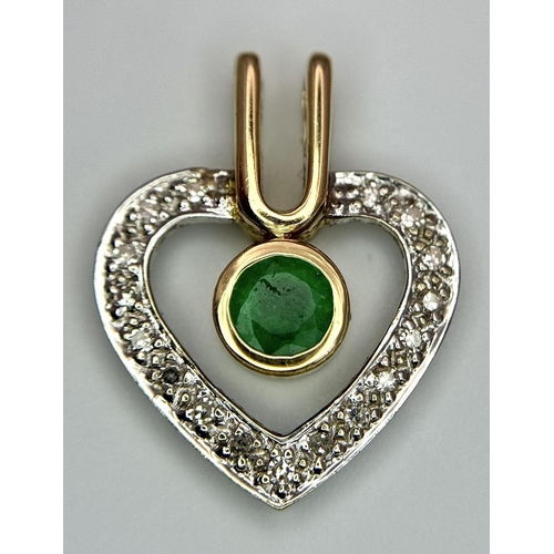 271 - A 14K YELLOW GOLD, DIAMOND & EMERALD HEART SHAPED PENDANT. 3.2G. SC 2032.