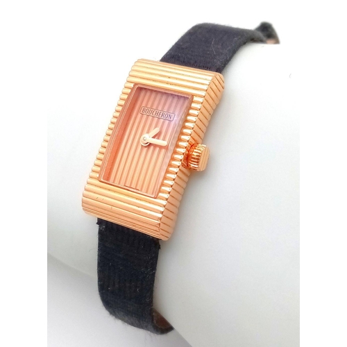 37 - A BOUCHERON 18K ROSE GOLD WITH BLACK LEATHER STRAP WATCH. 18K ROSE GOLD BUCKLE. CASE -14mm. QUARTZ M... 