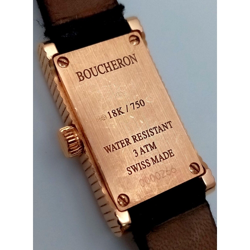 37 - A BOUCHERON 18K ROSE GOLD WITH BLACK LEATHER STRAP WATCH. 18K ROSE GOLD BUCKLE. CASE -14mm. QUARTZ M... 