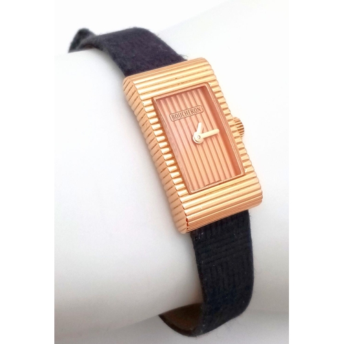 37 - A BOUCHERON 18K ROSE GOLD WITH BLACK LEATHER STRAP WATCH. 18K ROSE GOLD BUCKLE. CASE -14mm. QUARTZ M... 