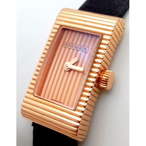 37 - A BOUCHERON 18K ROSE GOLD WITH BLACK LEATHER STRAP WATCH. 18K ROSE GOLD BUCKLE. CASE -14mm. QUARTZ M... 