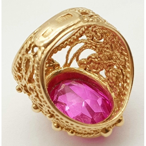 44 - A 14K ROSE GOLD PINK STONE COCKTAIL STYLE RING. 11.3G. SIZE I/J.