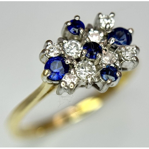 88 - AN 18K YELLOW GOLD DIAMOND & SAPPHIRE RING. 3.2G. SIZE O. SC 2052