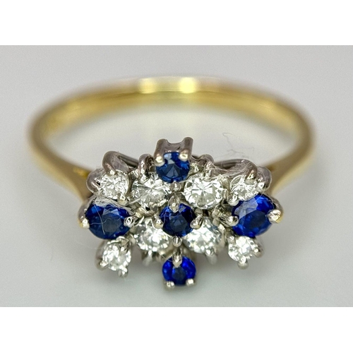 88 - AN 18K YELLOW GOLD DIAMOND & SAPPHIRE RING. 3.2G. SIZE O. SC 2052