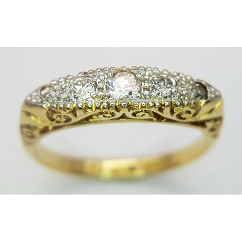 81 - AN 18K YELLOW GOLD & PLATINUM VINTAGE 5 STONE DIAMOND RING. 0.15CT. 4G. SIZE N. SC 2041