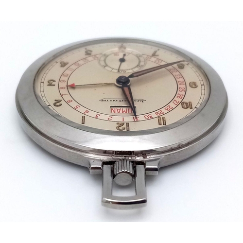 90 - A Vintage Rare Jaeger LeCoultre Calendar Pointer Pocket Watch. Stainless steel case - 47mm. Mechanic... 