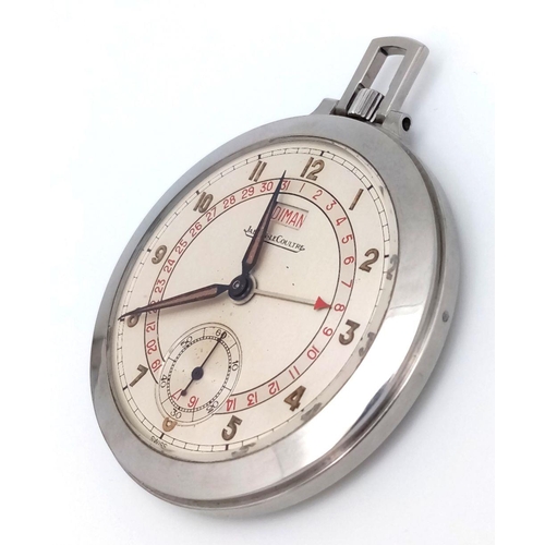 90 - A Vintage Rare Jaeger LeCoultre Calendar Pointer Pocket Watch. Stainless steel case - 47mm. Mechanic... 