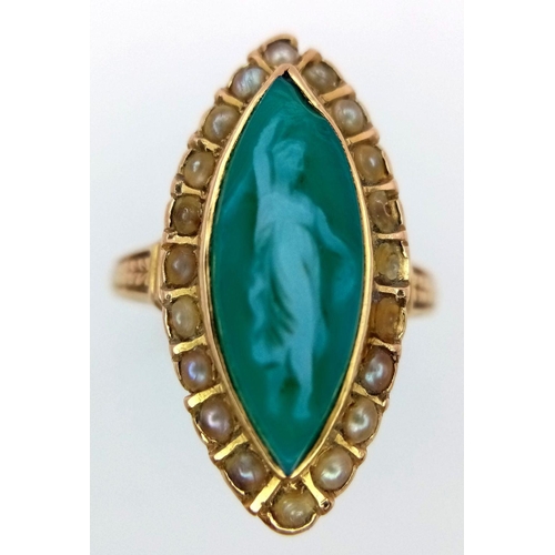 249 - A 18K yellow gold (tested as) blue cameo and pearl vintage ring, 3.2g total weight, size L. Ref: SH1... 