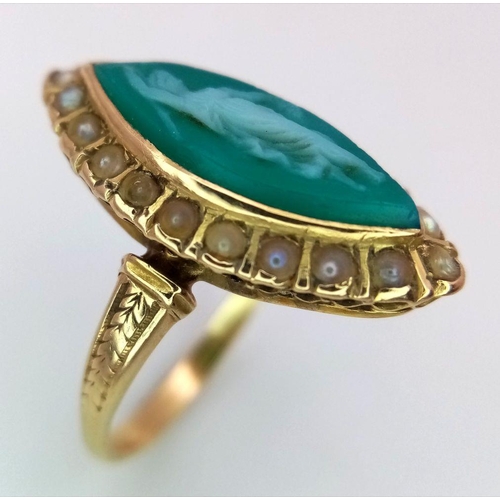 249 - A 18K yellow gold (tested as) blue cameo and pearl vintage ring, 3.2g total weight, size L. Ref: SH1... 