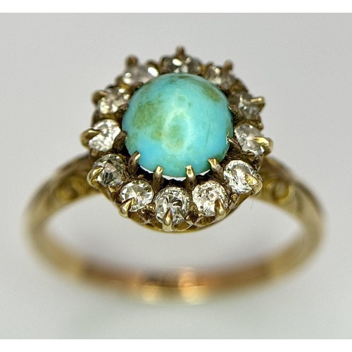 256 - A 18K yellow gold turquoise and diamond halo ring, 0.36ct diamond weight, 3.1g total weight, size M ... 