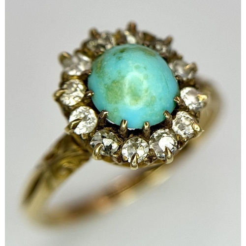 256 - A 18K yellow gold turquoise and diamond halo ring, 0.36ct diamond weight, 3.1g total weight, size M ... 