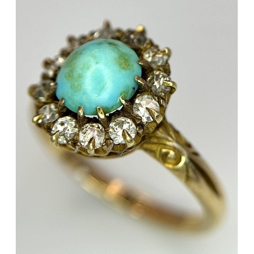 256 - A 18K yellow gold turquoise and diamond halo ring, 0.36ct diamond weight, 3.1g total weight, size M ... 