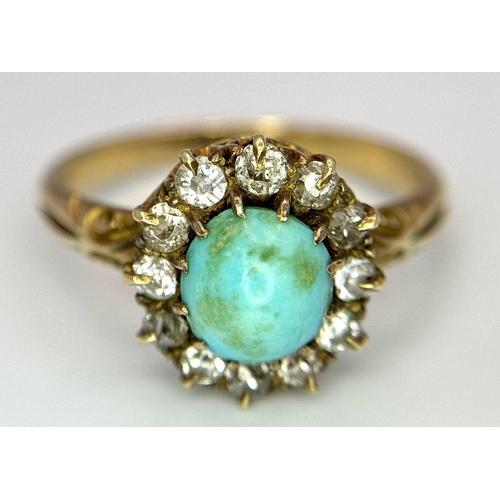256 - A 18K yellow gold turquoise and diamond halo ring, 0.36ct diamond weight, 3.1g total weight, size M ... 