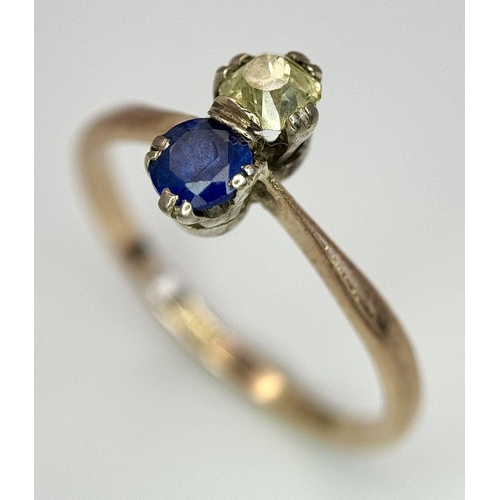 263 - A 18K yellow gold 2 stone old cut diamond and sapphire ring, 4x4mm diamond, 0.34ct sapphire weight, ... 