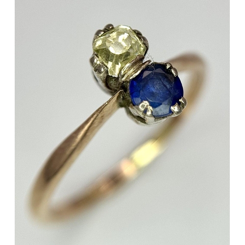 263 - A 18K yellow gold 2 stone old cut diamond and sapphire ring, 4x4mm diamond, 0.34ct sapphire weight, ... 