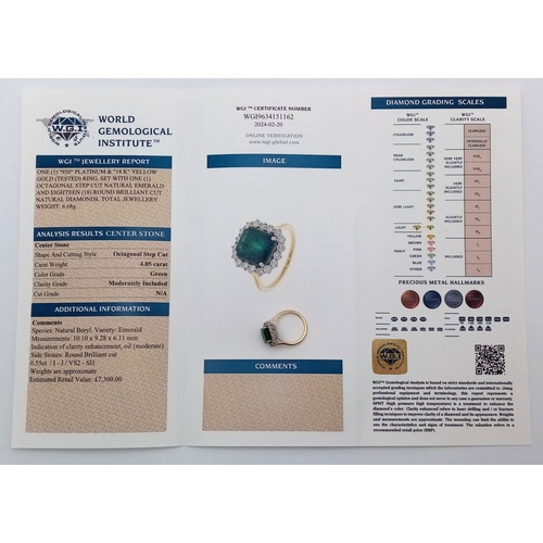 296 - A Head Turning 950 Platinum and 18K Yellow Gold (tested) Emerald with Diamond Surround Dress Ring. 4... 