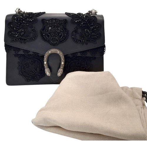 162 - A Gucci Dionysus Embroidered Shoulder Bag. Black leather exterior with silver-toned tiger head spur ... 