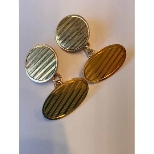 112 - Antique pair of 9 CARAT GOLD CUFF LINKS. Having clear Hallmark for J.R. Griffin, Chester 1924. Chain... 