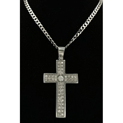 480 - A Serious 9k White Gold Diamond Encrusted Cross on a 9K White Gold Curb Chain. Cross - 7cm x 4cm. Ch... 