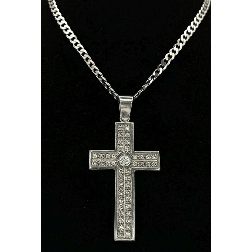 480 - A Serious 9k White Gold Diamond Encrusted Cross on a 9K White Gold Curb Chain. Cross - 7cm x 4cm. Ch... 