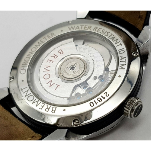 48 - A Bremont Automatic Skeleton Back Gents Watch. Black leather strap. Stainless steel case - 40mm. Whi... 