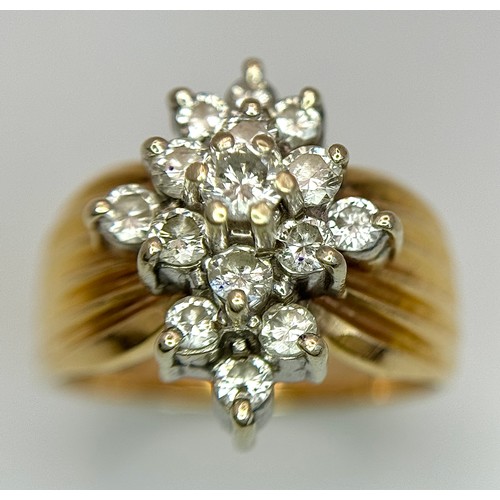 170 - A 14K Yellow Gold Diamond Cluster Ring. Fifteen round and brilliant round cut diamonds - 0.50ctw in ... 