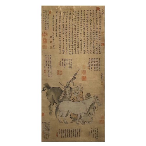 28 - A Groom and Yili Horses - Chinese Ink and Watercolour on Silk Scroll. Attributed to Qiu Ying (1494-1... 