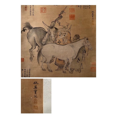 28 - A Groom and Yili Horses - Chinese Ink and Watercolour on Silk Scroll. Attributed to Qiu Ying (1494-1... 