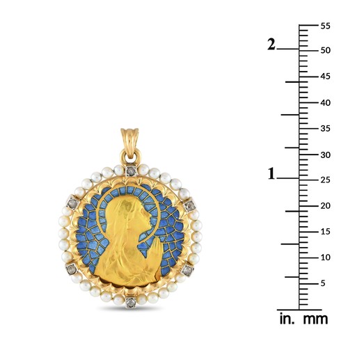 176 - A LB Exclusive Antique 18K Yellow Gold Diamond and Seed Pearl Enameled St. Mary Pendant. An antique ... 