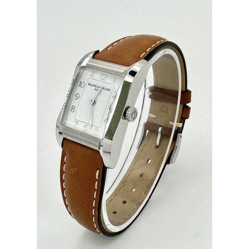 46 - Withdraw A BEAUTIFUL BAUME AND MERCIER LADIES TANK STYLE WATCH IN STAINLESS STEEL WITH CLASSIC WHITE... 