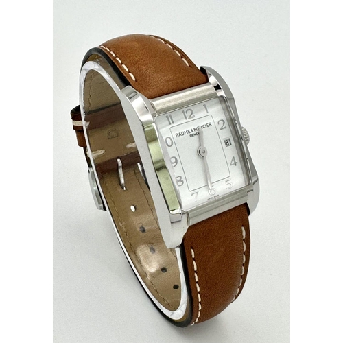 46 - A BEAUTIFUL BAUME AND MERCIER LADIES TANK STYLE WATCH IN STAINLESS STEEL WITH CLASSIC WHITE DIAL AND... 