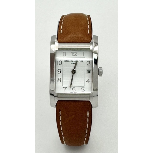 46 - A BEAUTIFUL BAUME AND MERCIER LADIES TANK STYLE WATCH IN STAINLESS STEEL WITH CLASSIC WHITE DIAL AND... 