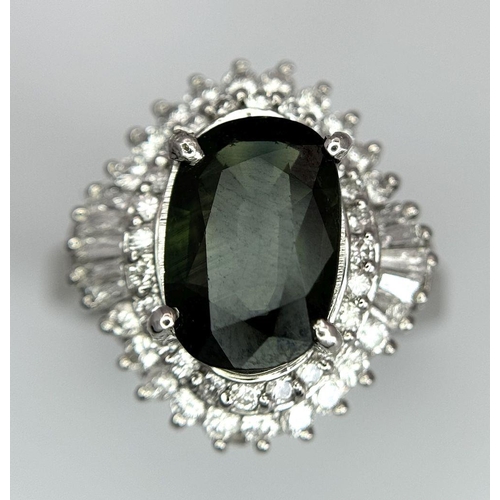 170 - A 900 Platinum Green Sapphire with Diamond Surround Dress Ring. A 2.11ct cushion mixed cut green sap... 