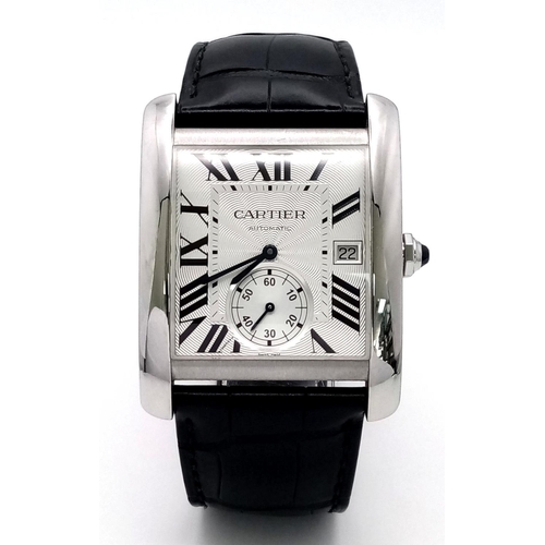 606 - A Cartier Automatic Gents Tank Watch. Model 3589. Original Cartier black leather strap and clasp. Ta... 