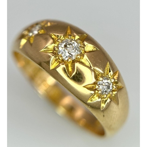 123 - AN 18K YELLOW GOLD ANTIQUE DIAMOND RING - 0.20CTW. 4.4G. SIZE L. HALLMARKED 1903 BIRMINGHAM. GW3002.