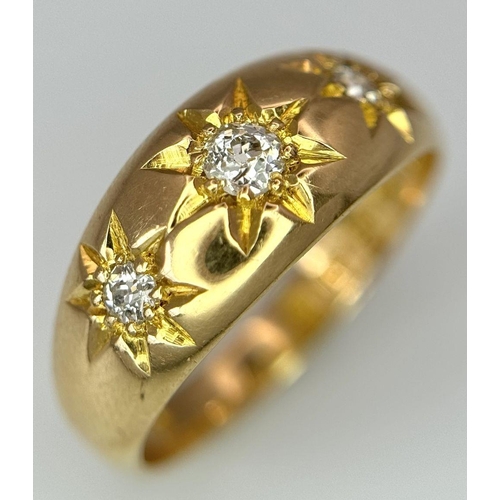 123 - AN 18K YELLOW GOLD ANTIQUE DIAMOND RING - 0.20CTW. 4.4G. SIZE L. HALLMARKED 1903 BIRMINGHAM. GW3002.