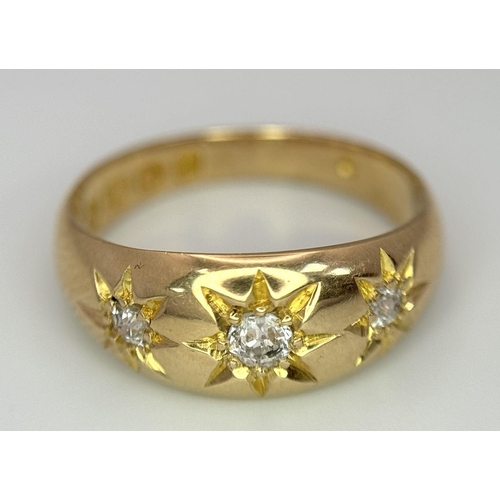 123 - AN 18K YELLOW GOLD ANTIQUE DIAMOND RING - 0.20CTW. 4.4G. SIZE L. HALLMARKED 1903 BIRMINGHAM. GW3002.