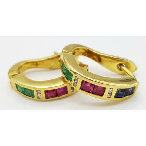 151 - A PAIR OF 14K YELLOW GOLD, DIAMOND, RUBY, SAPPHIRE AND EMERALD EARRINGS. 3.8G.