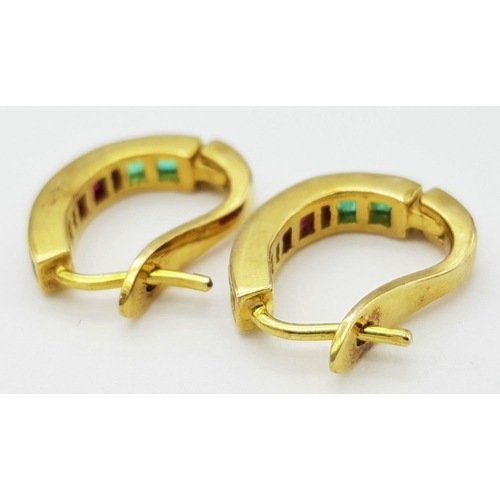 151 - A PAIR OF 14K YELLOW GOLD, DIAMOND, RUBY, SAPPHIRE AND EMERALD EARRINGS. 3.8G.