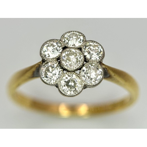 158 - AN 18K YELLOW GOLD & PLATINUM VINTAGE OLD CUT DIAMOND DAISY CLUSTER RING. 0.50CTW. 2.4G. SIZE M. SP3... 