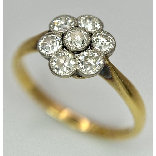 158 - AN 18K YELLOW GOLD & PLATINUM VINTAGE OLD CUT DIAMOND DAISY CLUSTER RING. 0.50CTW. 2.4G. SIZE M. SP3... 