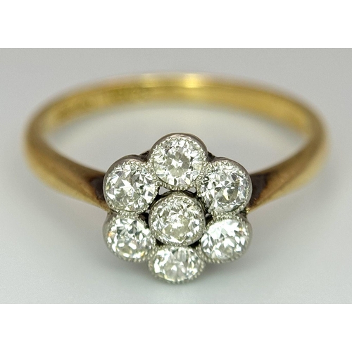 158 - AN 18K YELLOW GOLD & PLATINUM VINTAGE OLD CUT DIAMOND DAISY CLUSTER RING. 0.50CTW. 2.4G. SIZE M. SP3... 