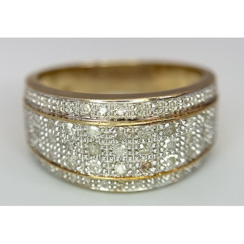 165 - A 9K YELLOW GOLD DIAMOND RING. 5 ROW GEOMETRIC PATTERN. 0.50CTW. 4.7G. SIZE P. SP3006.