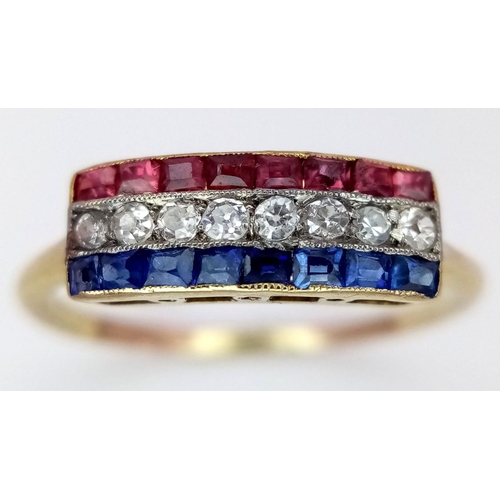 214 - AN 18K YELLOW GOLD EDWARDIAN DIAMOND, RUBY & SAPPHIRE RING. 1.8G. SIZE L 1/2. JR20N.