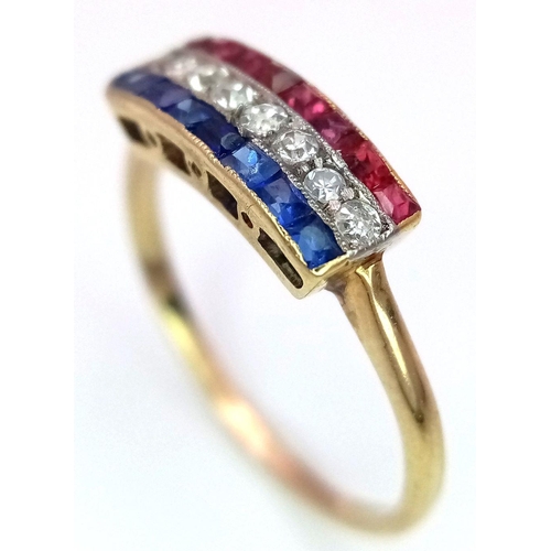 214 - AN 18K YELLOW GOLD EDWARDIAN DIAMOND, RUBY & SAPPHIRE RING. 1.8G. SIZE L 1/2. JR20N.