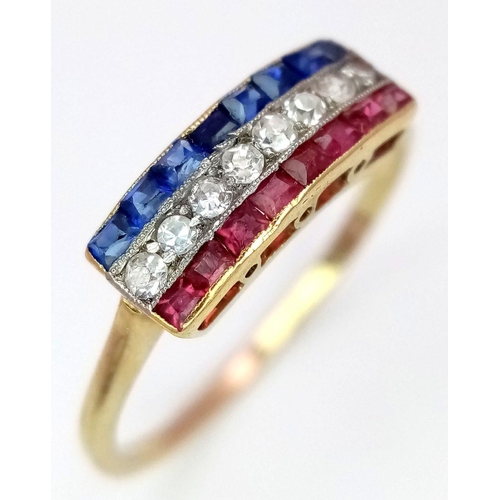 214 - AN 18K YELLOW GOLD EDWARDIAN DIAMOND, RUBY & SAPPHIRE RING. 1.8G. SIZE L 1/2. JR20N.