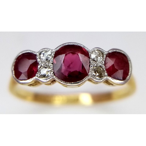 221 - AN 18K YELLOW GOLD AND PLATINUM VINTAGE DIAMOND & RUBY RING. 2.1G. SIZE O. JR19N.